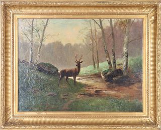 Stag at Creek, Signed Oil on Canvas