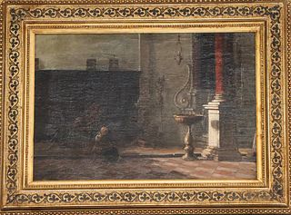European Church Interior Scene Oil on Canvas