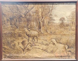 Large Oil on Canvas Painting, Deer Scene