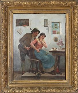 European Couple Interior Scene, Signed Oil/Canvas