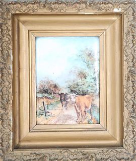 Cows Painted on Porcelain, Framed