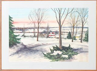 Signed Panoramic Snow Scene, Watercolor
