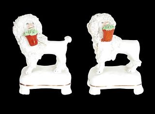 19th C Pair French Poodles Holding Flower Baskets