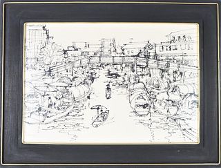 Signed Ink Drawing of Chinese Canal