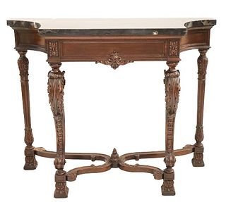 Antique Carved Wood & Marble Top Console Table