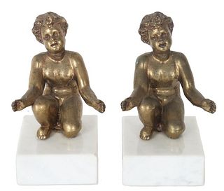 Pair Bronze Children Mounted on Marble, Book Ends