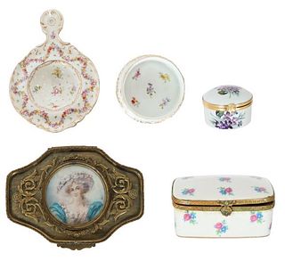 (4) Hand Painted Porcelain Boxes and Tea Strainer