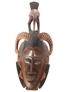 African Tribal Carved Wooden Mask w Bird