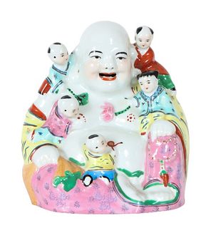 Chinese Porcelain Happy Buddha w Children