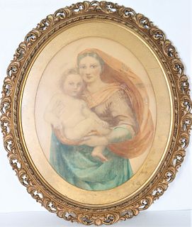Madonna Figure w Child in Oval Frame, W/C