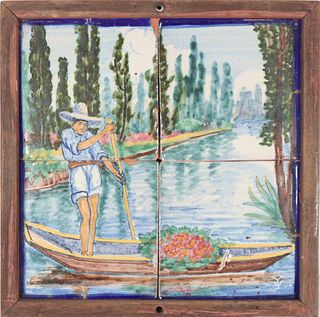 Hand Painted Tiles, Canoe on River Scene