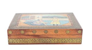 Wooden Box with Persian Imagery and Brass Inlay