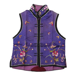 A PURPLE-GROUND EMBROIDERED FLORAL WAISTCOAT