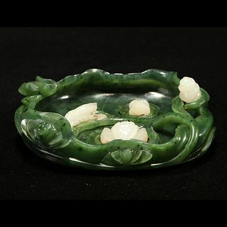A GREEN AND WHITE JADE 'LOTUS' WATERPOT