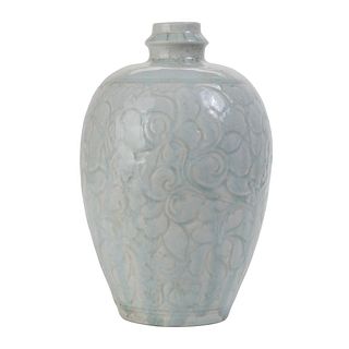 A QINGBAI CARVED FLORAL MEIPING