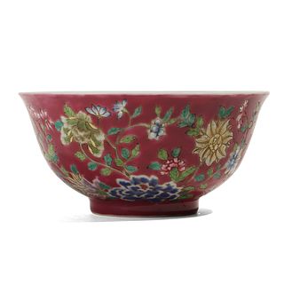 A RED-GROUND FAMILLE-ROSE FLORAL BOWL