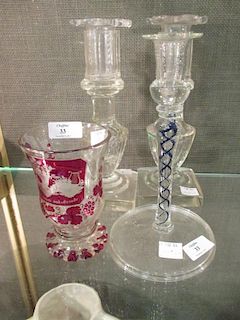 A red etched gesunheit glass beaker and other glassware (4) <br> <br>