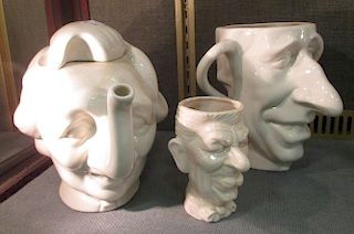 Three Fluck and Law Spitting Image teapots - Mrs Thatcher, Ronald Reagan and Prince Charles <br> <br
