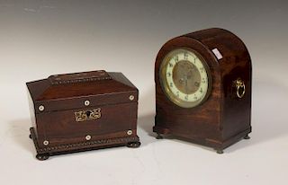 A Victorian rosewood and mother of pearl inlaid tea caddy, a mentle clock and a set of scales (3) <b