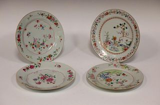 Four various 18th century Chinese famille rose plates (one restored) <br> <br>