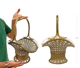 Large Wire Mesh Bronze & Cut Crystal Basket Jardiniere