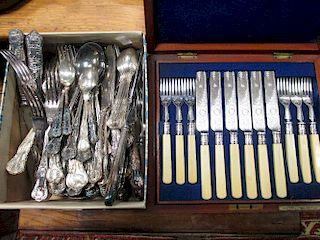A quantity of electroplate King's pattern flatware and a case of twelve pairs of dessert knives and