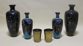 Two pairs of cloisonne vases and a pair of 19th century brass beakers, possibly Indian (6) <br> <br>