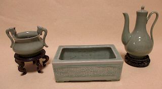 Three Chinese celadon glazed pieces <br> <br>