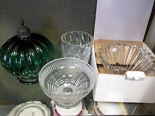 A green glass hanging ceiling shade, a Rosenthal glass bowl, a glass tazza and a mid 20th century ar