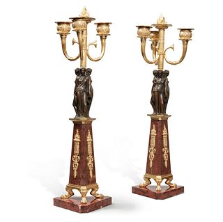 A Pair of Empire Gilt Bronze Rouge Marble Candelabras