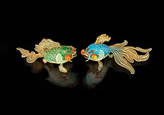 A Pair Of Chinese Enameled Gilt Silver Goldfishes