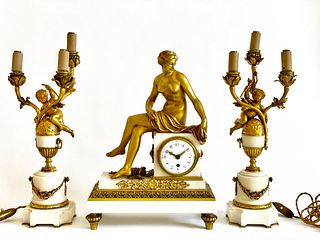 19th C. French Bronze & Marble Figural Clock set