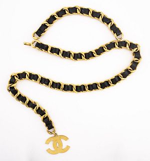 Chanel Gold-Tone Cuban Link and Black Leather Belt