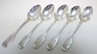 A set of five Victorian silver fiddle pattern dessert spoons, by Patrick Leonard, Chester 1842, unen