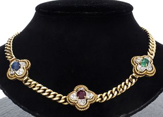 18K Gold Diamond, Ruby, Sapphire, Emerald Necklace