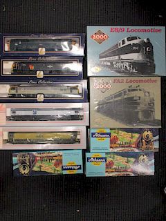 Five Lima model locomotives (boxed), two Proto 2000 series locomotives (E8/9 and FA2), and three Ath