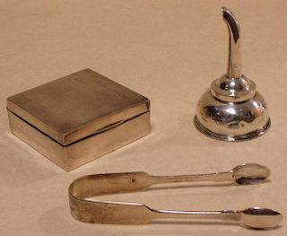 A George III funnel, a pair of sugar tongs and a silver cigarette box, Chester assay mark (3) <br> <