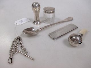 Silver seal, Stilton spoon, cased comb, fob chain, lidded jar and teething rattle (6) <br> <br>