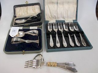 A cased silver caddy spoon and pusher, a cased silver caddy spoon and some EPNS flatware <br> <br>