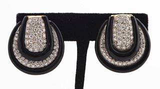 18K Yellow Gold Diamond & Onyx Clip Earrings