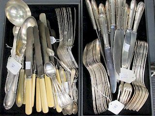 Six table forks and spoons, three serving tools, teaspoons, steel knives and twelve 'Platineta' kniv