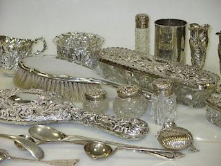 Various silver dressing table utensils, two small silver specimen vases, cream jug and sugar bowl, s