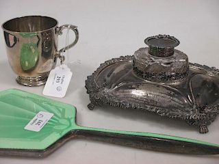 A Victorian silver Christening mug, a silver desk stand and a silver & enamel dressing mirror <br> <