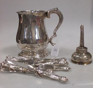 An unmarked white metal wine funnel, press gang tankard and a set of fruit knives and forks <br> <br