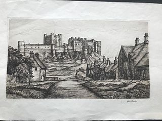 Bamburgh Castle and Town, etching, signed Marion Rhodes, British, 20th C