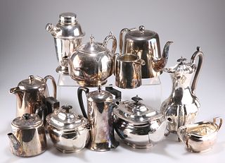 A COLLECTION OF SILVER-PLATE, including cocktail shaker, teapots, etc.