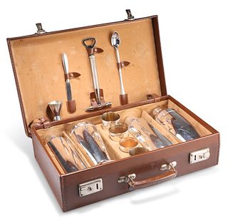 A VINTAGE LEATHER-CASED SILVER-PLATED TRAVELLING COCKTAIL SET, with various