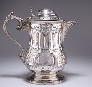 A LARGE 19TH CENTURY SILVER-PLATED FLAGON, with mask-form spout and beaded 
