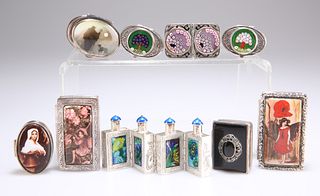 A SET OF CHINESE WHITE-METAL AND ENAMEL HINGED SCENT FLASKS, unmarked, 8.2c