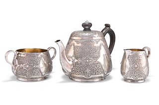 A VICTORIAN SILVER THREE-PIECE BACHELOR'S TEA SERVICE,?by?William Edwards, 